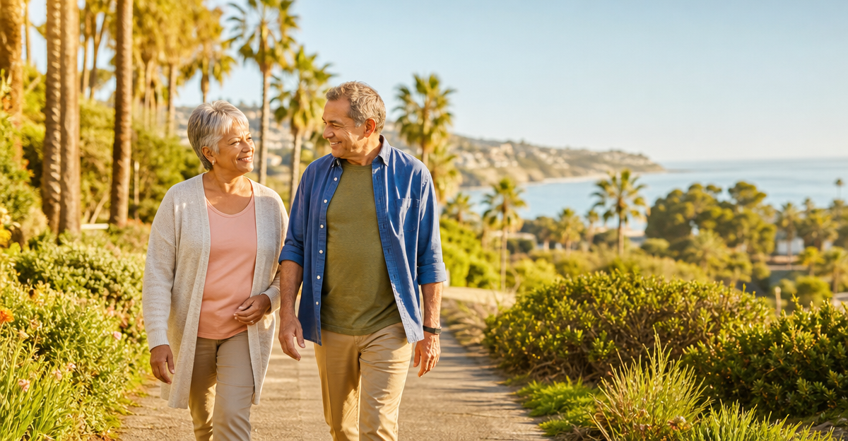 Two adults walking on a sunny coastal path with palm trees and ocean view