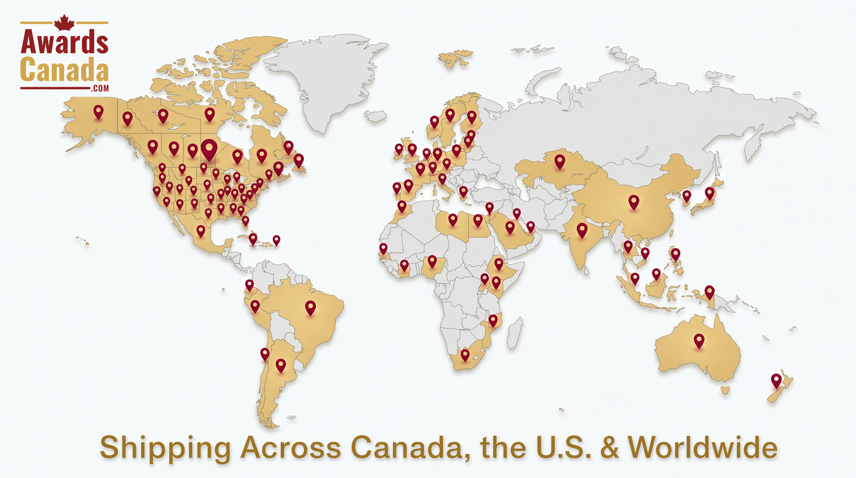 World map with red location pins and Awards Canada logo, captioned “Shipping Across Canada, the U.S. & Worldwide”