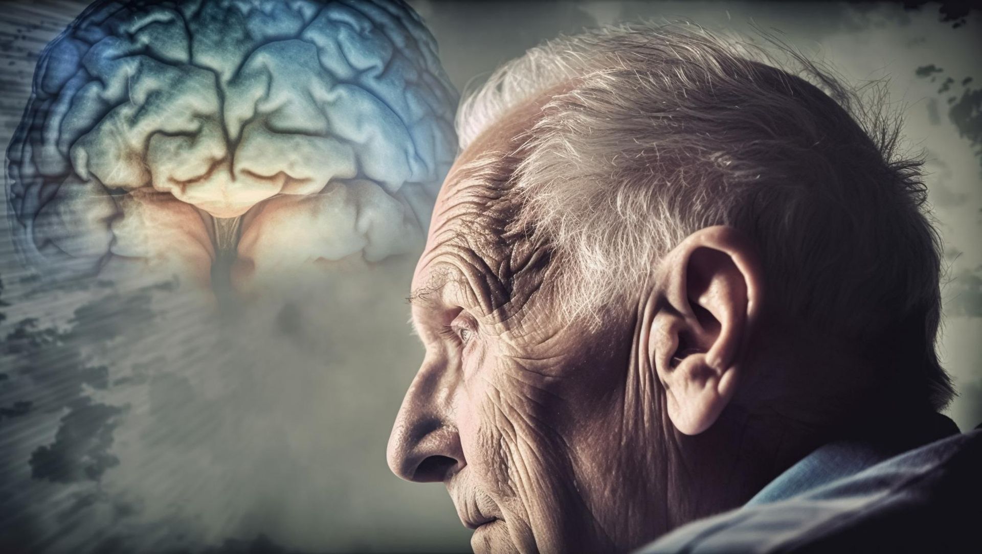 Elderly man in profile beside a glowing brain illustration, suggesting memory or dementia