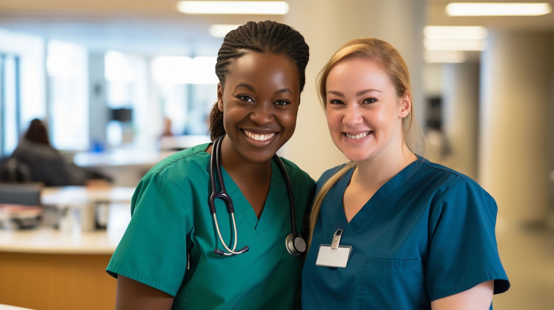 Two smiling healthcare workers in green scrubs stand together in a hospital hallway.