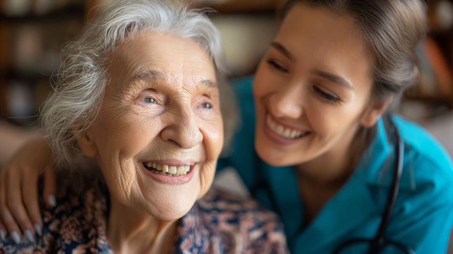Smiling elderly woman with a caregiver in blue scrubs, sitting closely together indoors