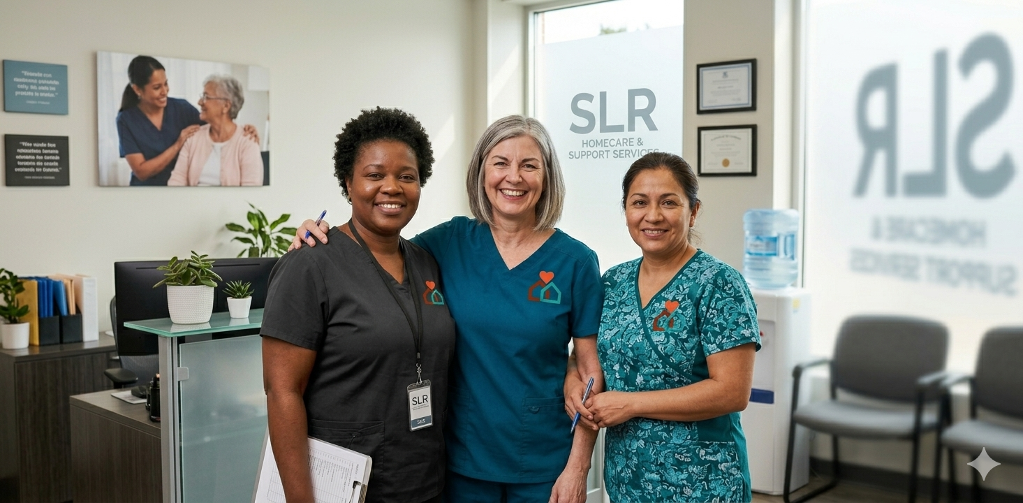 Three women smiling in a bright office lobby with SLR signage and framed wall art.