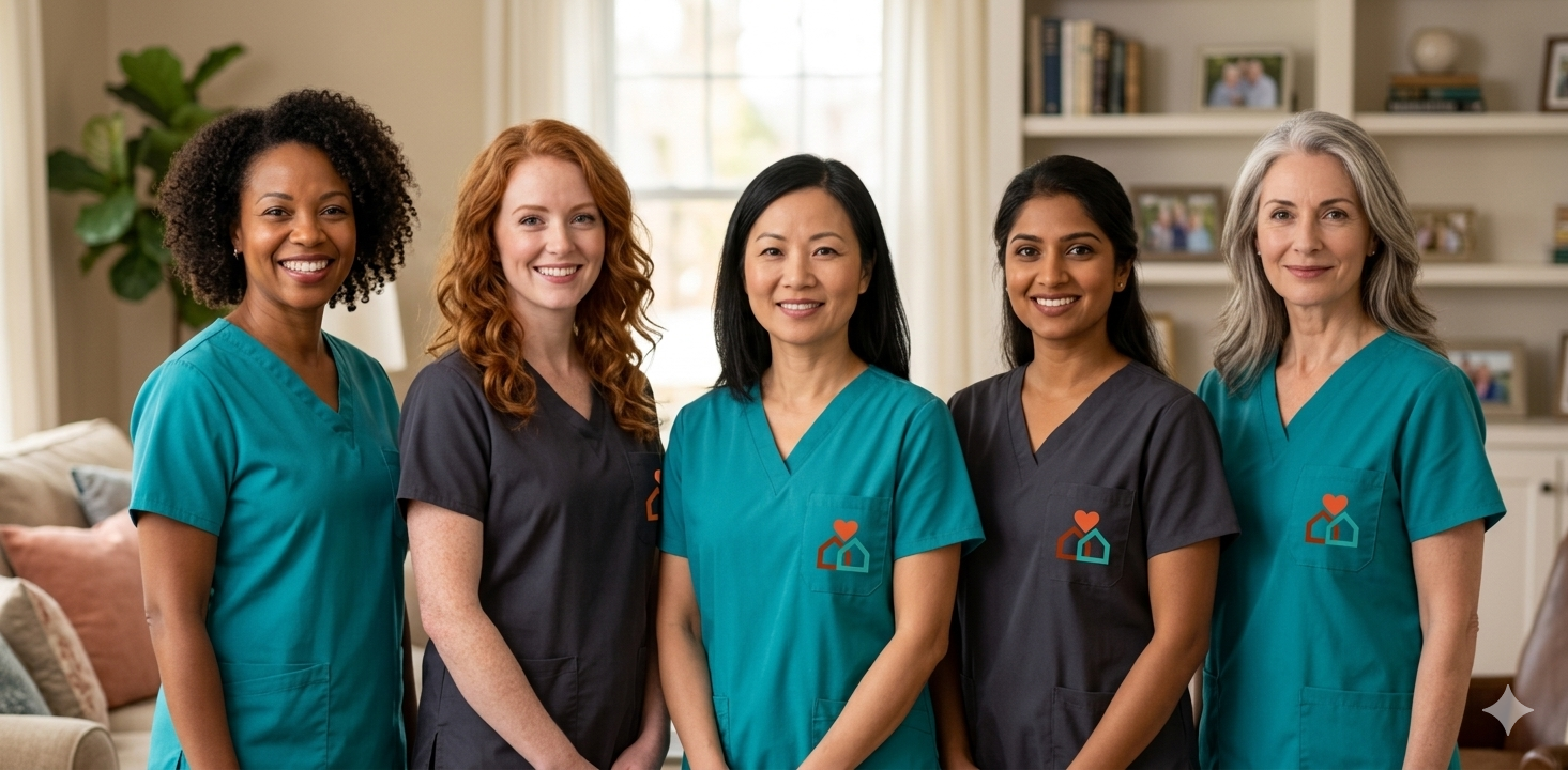 Five healthcare workers in teal scrubs standing together in a bright living room