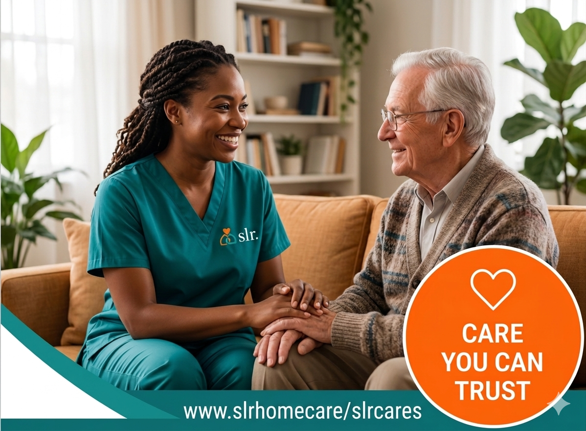 Caregiver holding hands with older man on couch, with “Care You Can Trust” badge.