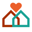 Two stylized houses in orange and teal with a heart above them