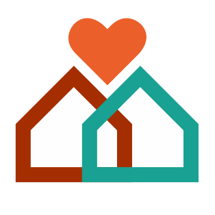 Two stylized houses in orange and teal with a heart above them