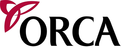 ORCA logo with maroon abstract mark and black serif text