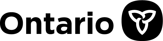 Ontario logo with black text and a black circular emblem on a white background