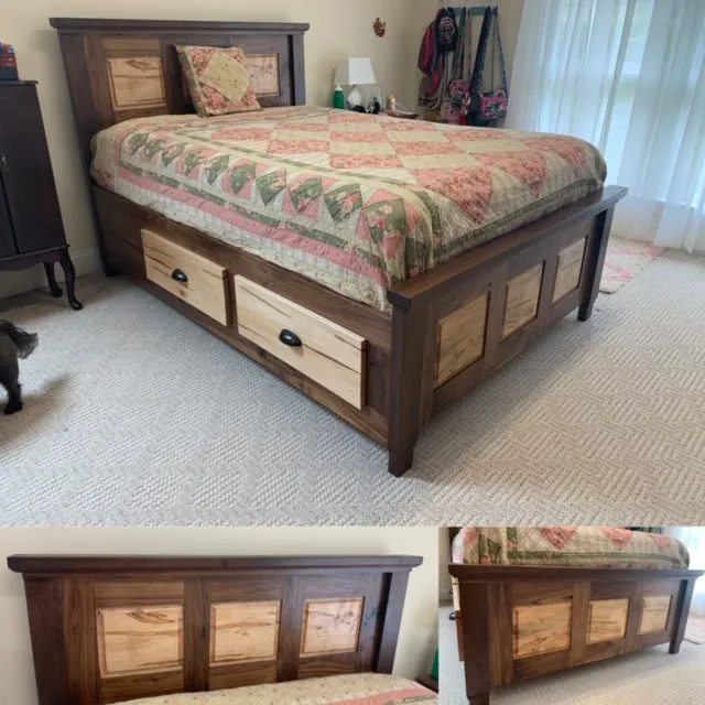 Wooden bed with drawers, brown frame, light wood panels, floral quilt.