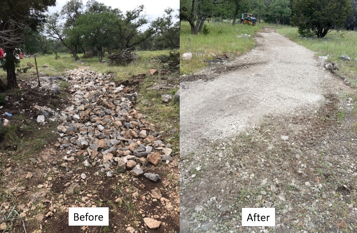 Before-and-after of a dirt path: rubble-filled ground transformed into a smoother gravel road.