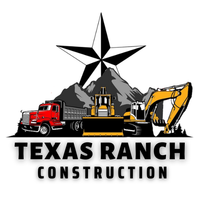 Texas Ranch Construction logo with red truck, bulldozer, excavator, mountain, and black star above text