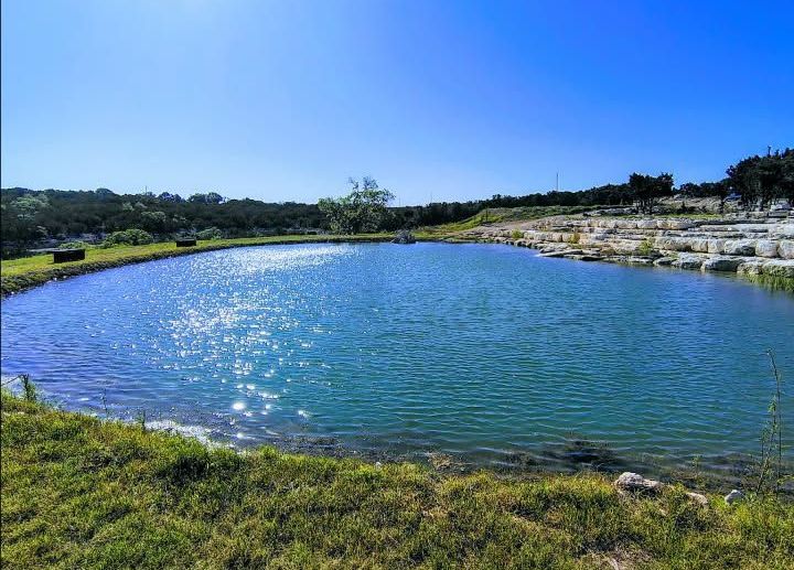 Blue pond with sparkling water, grassy banks, and a clear sky on a sunny day
