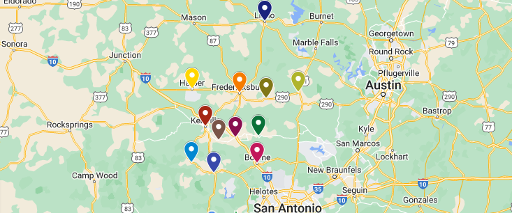 Map of central Texas with multiple colored location pins clustered around Austin and San Antonio.