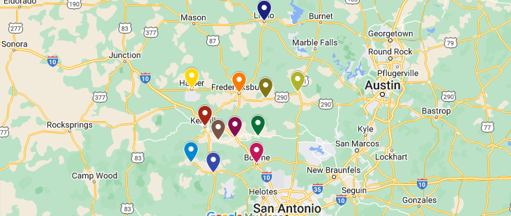 Map of Texas with multiple colored location pins around Austin and San Antonio.