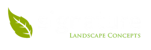 The logo for signature landscape concepts has a green leaf on it.