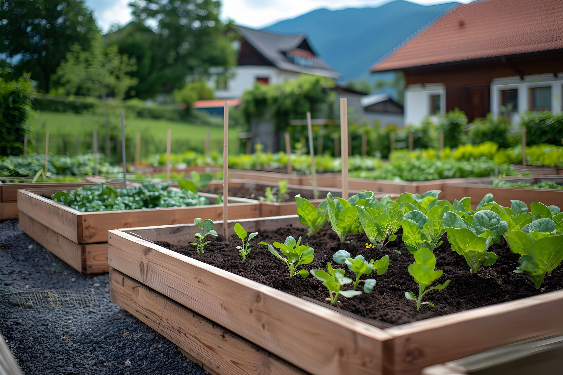 A garden with lots of plants growing in wooden boxes.