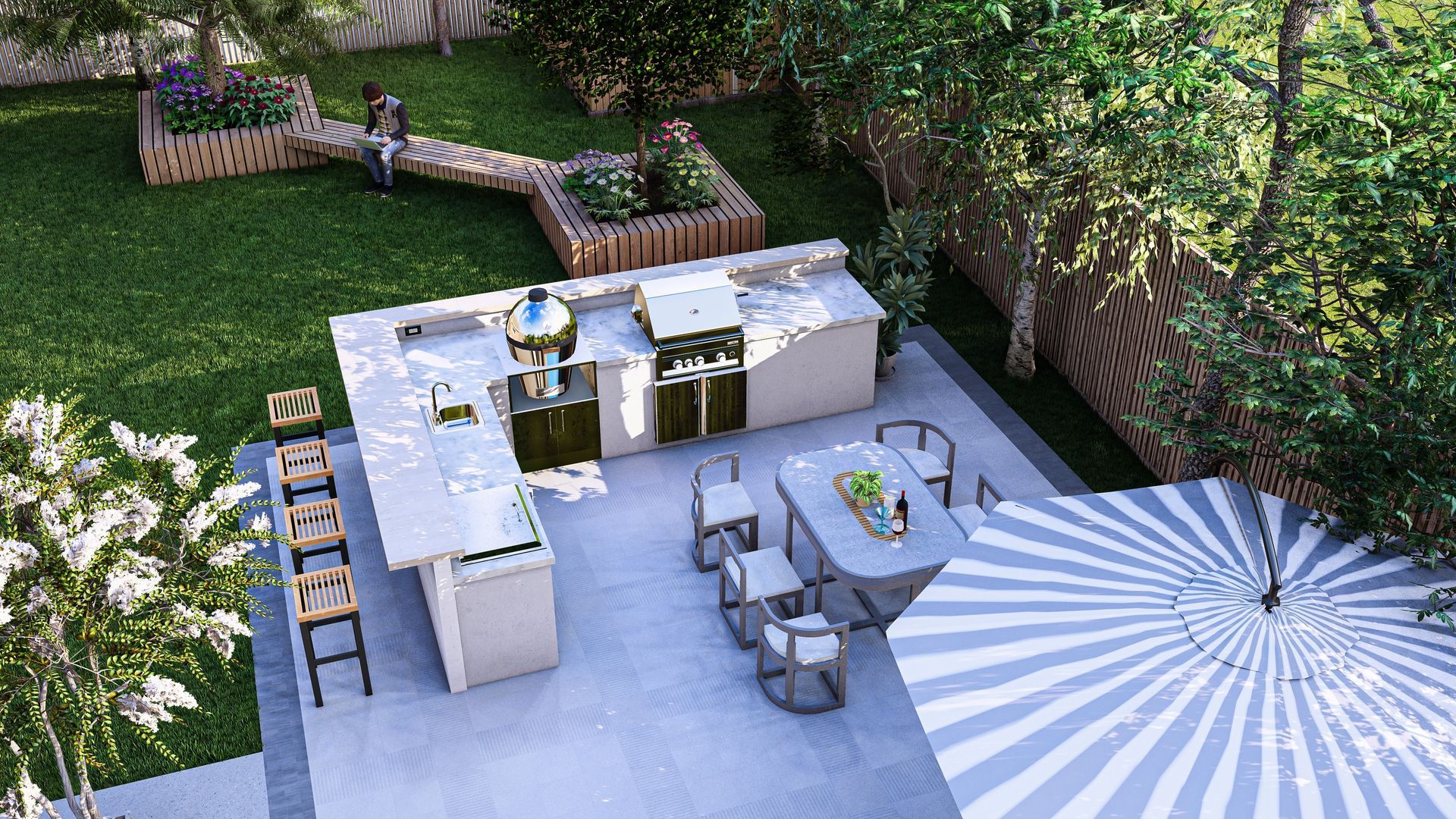 Outdoor patio with white built-in grill bar, dining table, lounge chairs, and large striped umbrella beside a lawn.