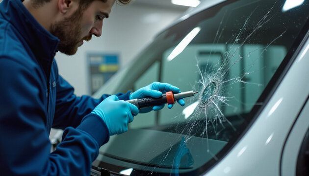 A person repairina crackeded RV windshield with a tool, wearing gloves, in a shop.