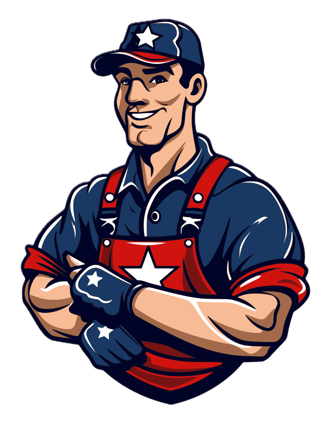 Smiling cartoon mechanic in blue and red uniform with star emblem, arms crossed