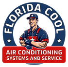 Florida Cool air conditioning service logo with illustrated technician in blue, red, and white uniform