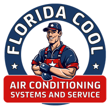 Florida Cool air conditioning service logo with illustrated technician in blue, red, and white uniform