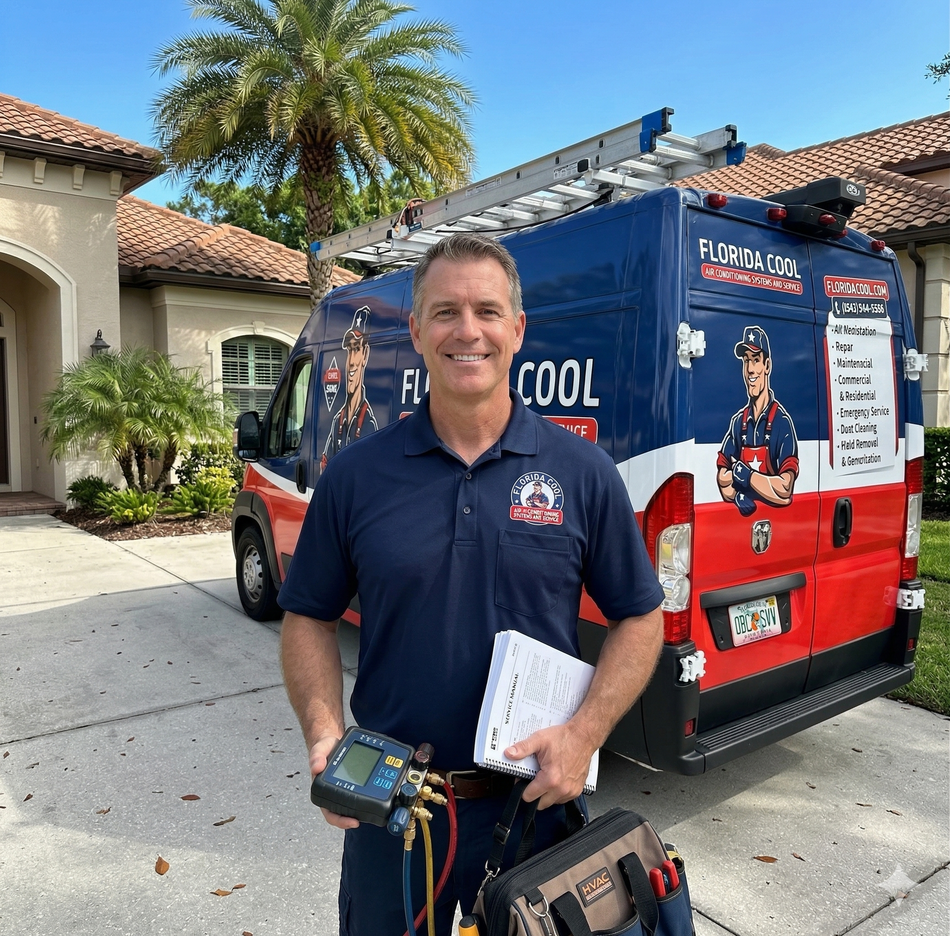 Man stands in driveway beside blue and red service van, holding tools and a clipboard.
