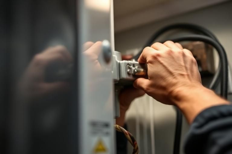 Hands tightening a metal electrical connector on equipment in a dim industrial setting