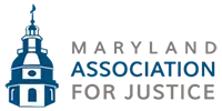 The maryland association for justice logo is a blue and white tower with a cross on top.