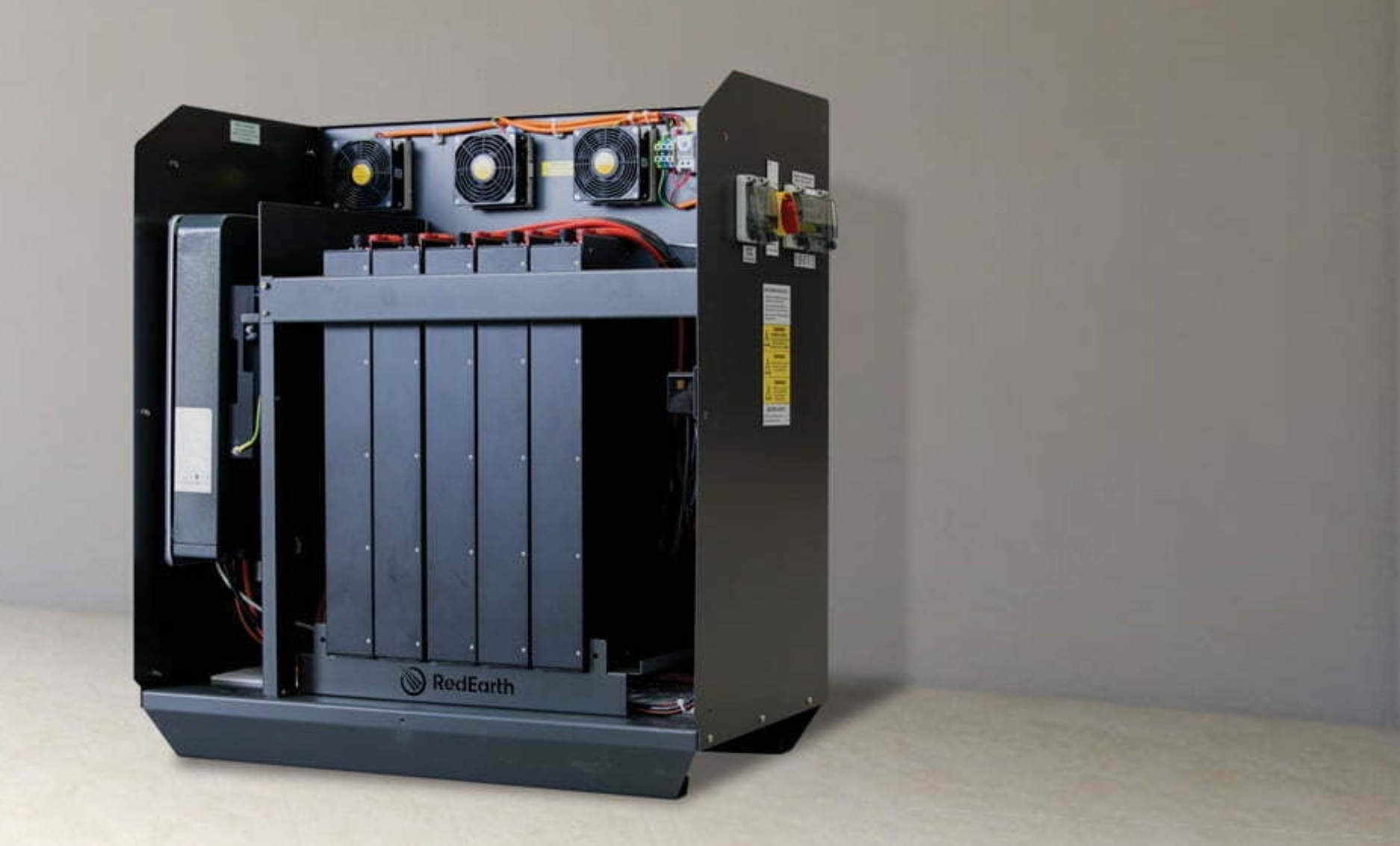 Black server rack with doors open, revealing internal components like fans and batteries — L & K Electrical & Air Conditioning in Barraba, NSW