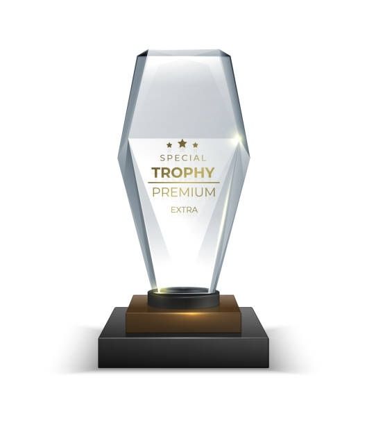 A glass trophy on a black base on a white background.