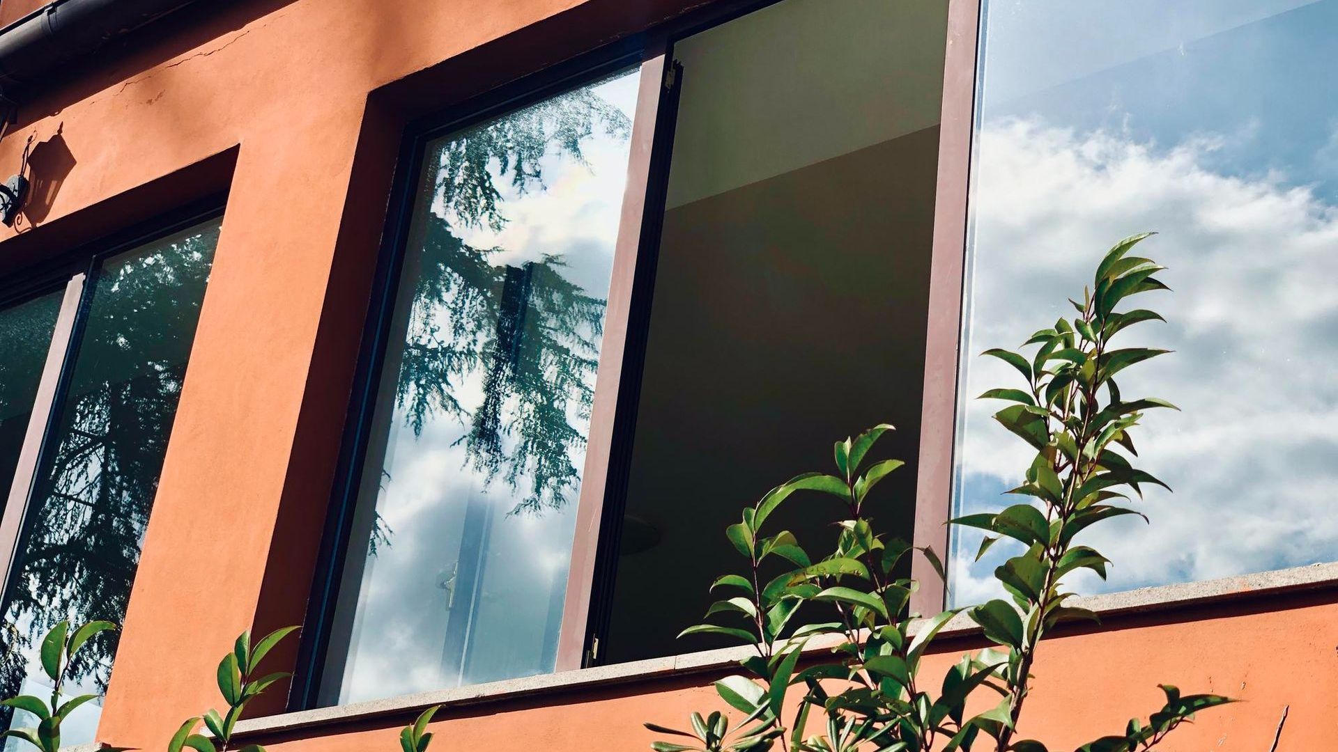 A large window on the side of a building