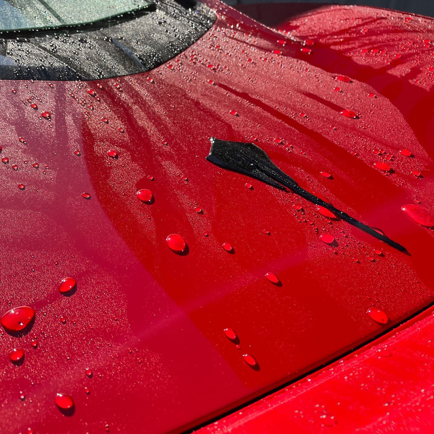 A red sports car is parked in front of a chain link fence.