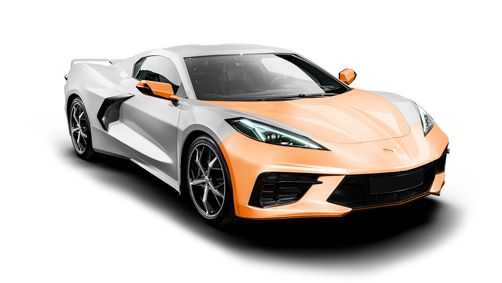 A white and orange sports car on a white background.