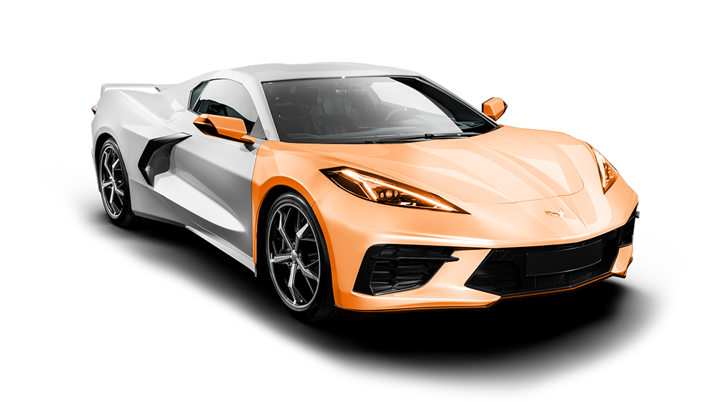 A white and orange sports car on a white background.