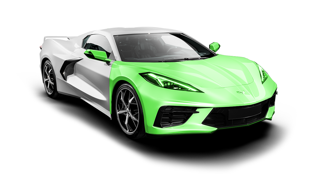 A green and white sports car on a white background.