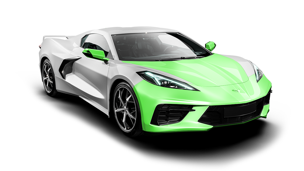 A green and white sports car is on a white background.
