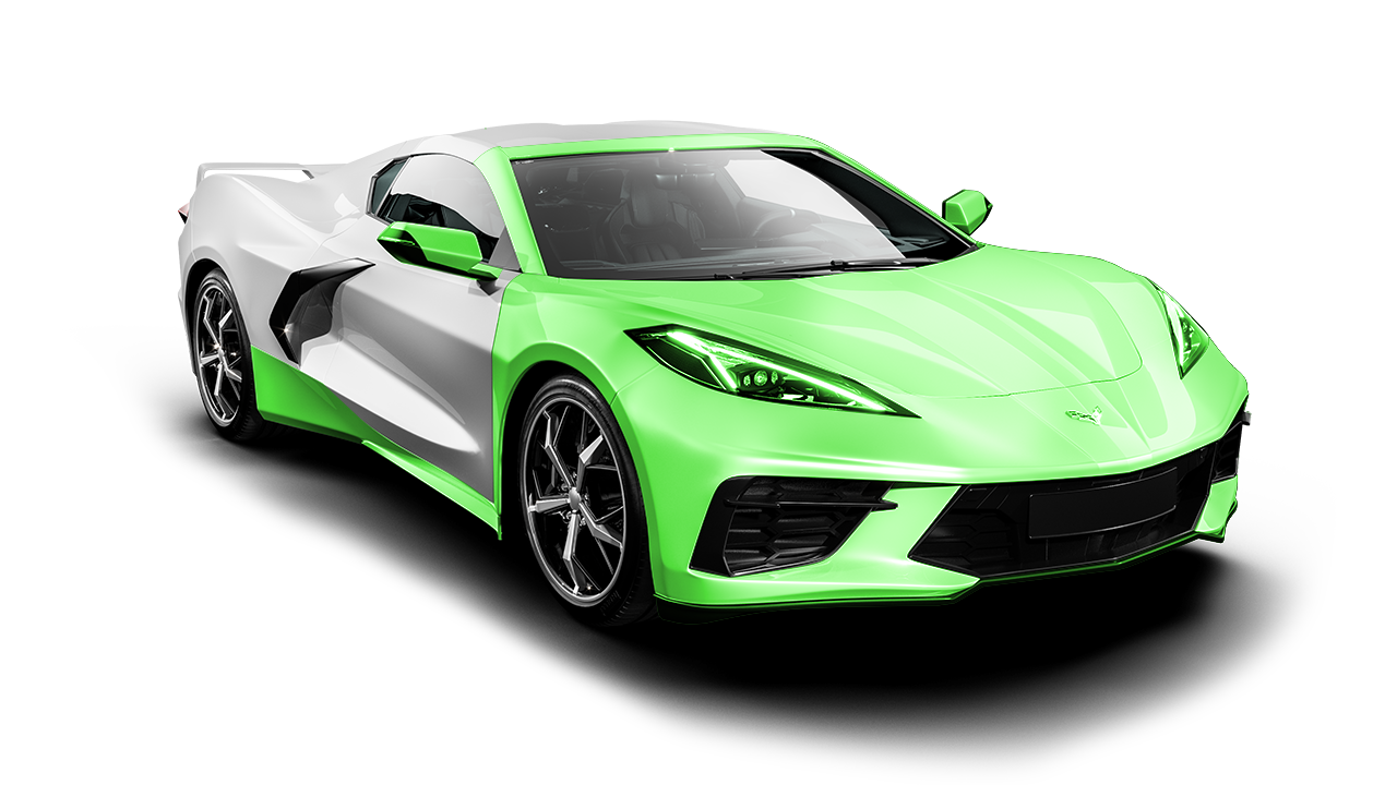 A green and white sports car on a white background.