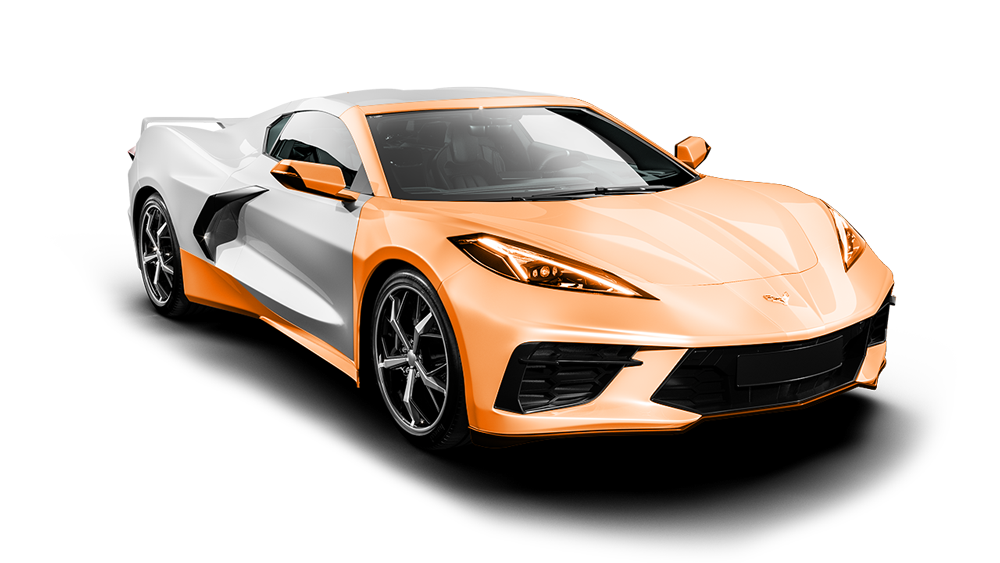 A white and orange sports car on a white background.