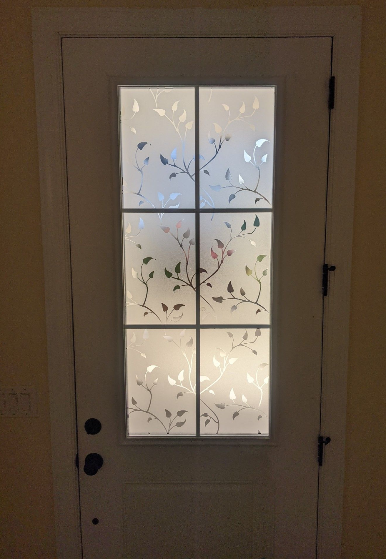 A white door with a six-pane window featuring a frosted leaf-patterned privacy film.