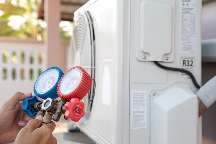 A person is working on an air conditioner with two gauges attached to it.