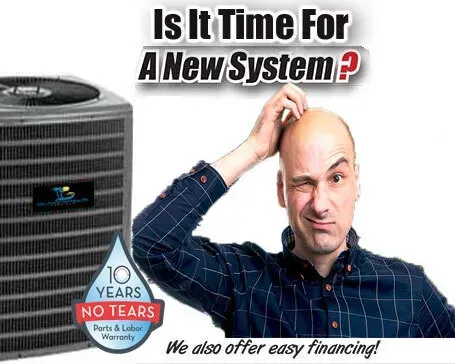 A man is scratching his head in front of a new air conditioner.