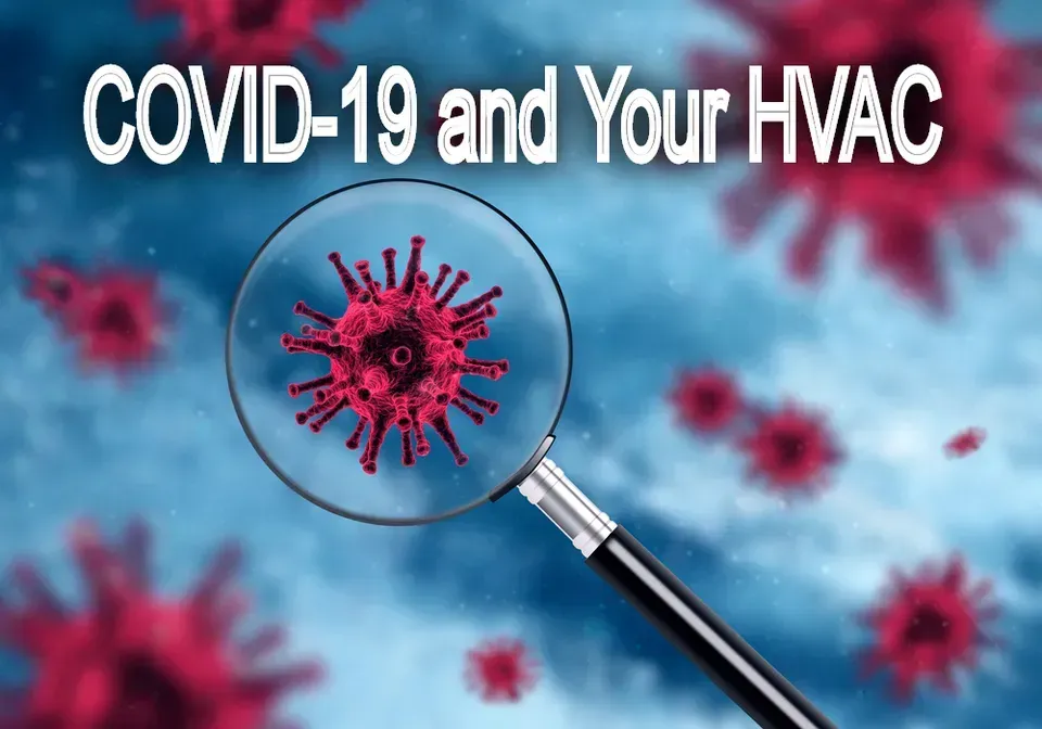 A magnifying glass is looking at a virus with the words covid-19 and your hvac in the background.