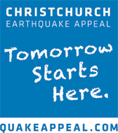 A blue sign that says christchurch earthquake appeal tomorrow starts here
