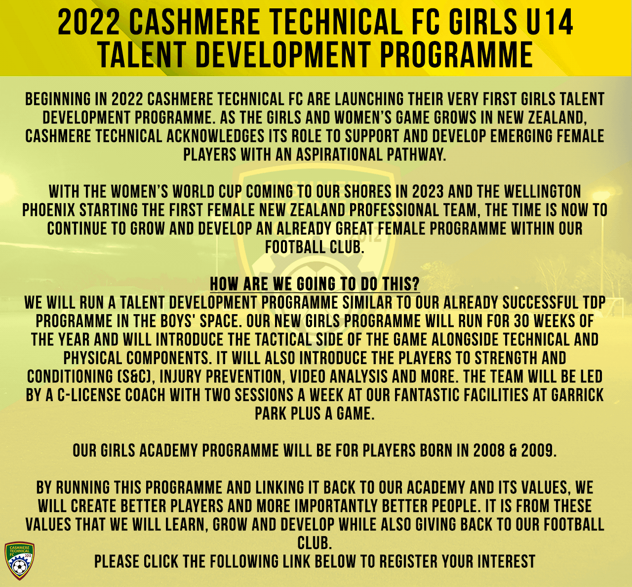 A poster for the 2022 cashmere technical fc girls u14 talent development programme