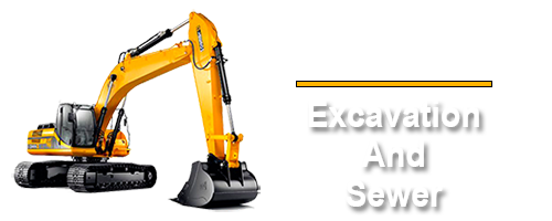 Yellow excavator beside the text &ldquo;Excavation And Sewer&rdquo;
