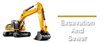 Yellow excavator beside the text “Excavation And Sewer”