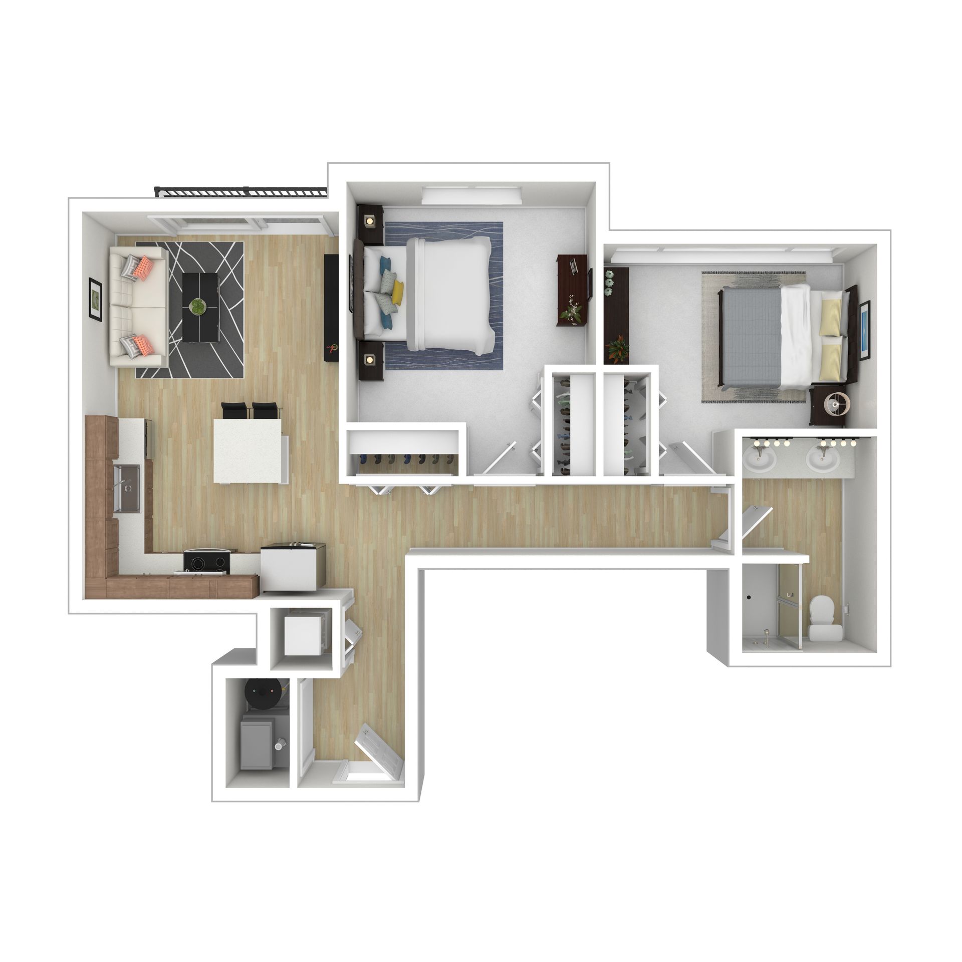 2 bedrooms, 1 bathroom floor plan