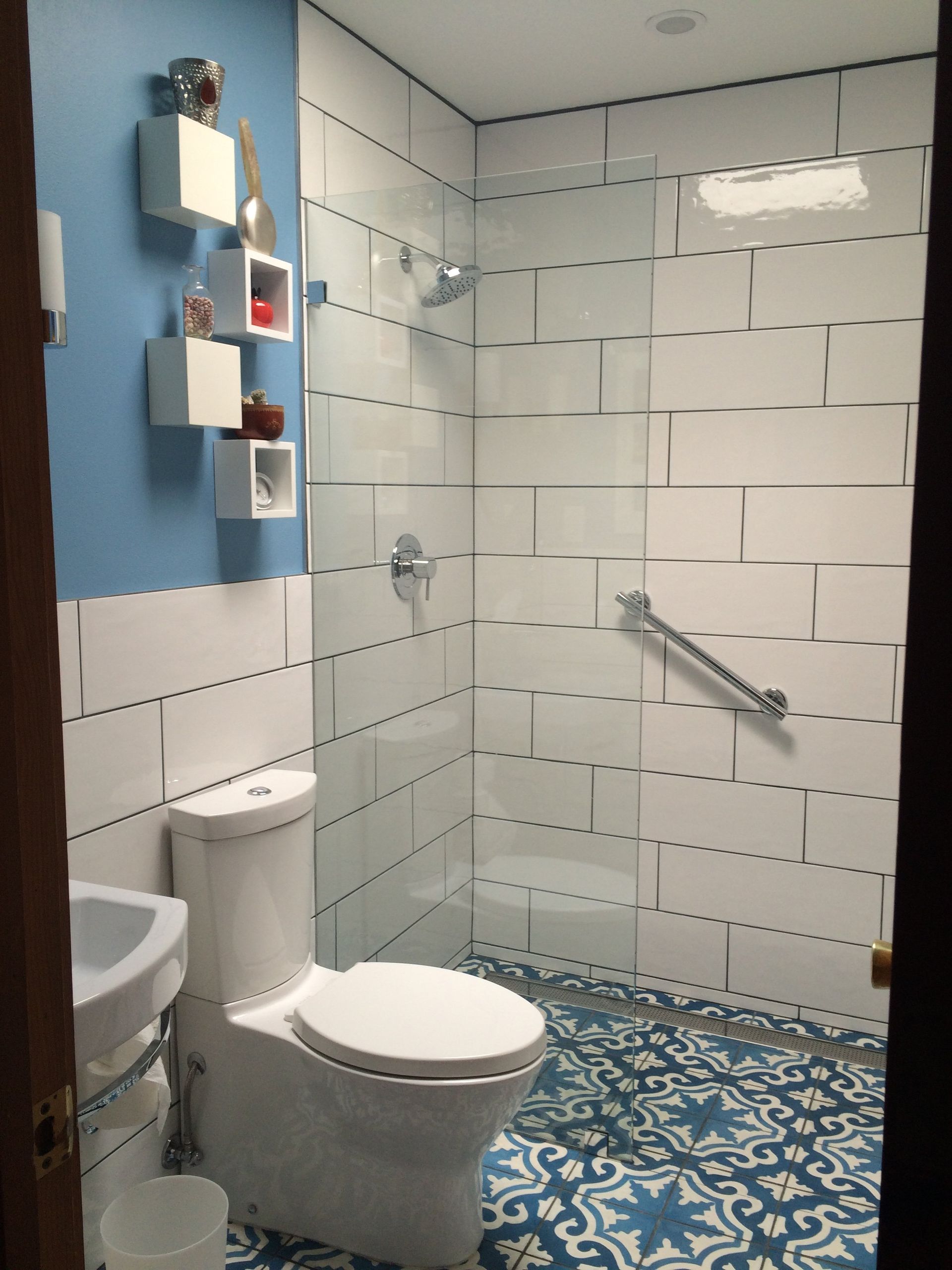 A bathroom with a toilet a sink and a walk in shower