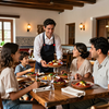 Familia disfrutando una comida en restaurante histórico