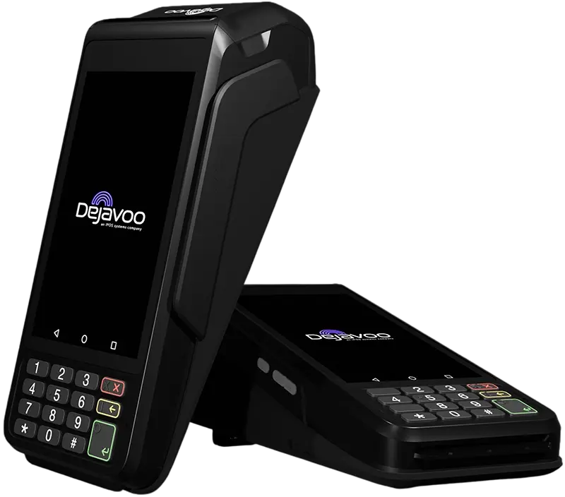 Two black Dejavoo payment terminals, one upright and one flat with keypad visible